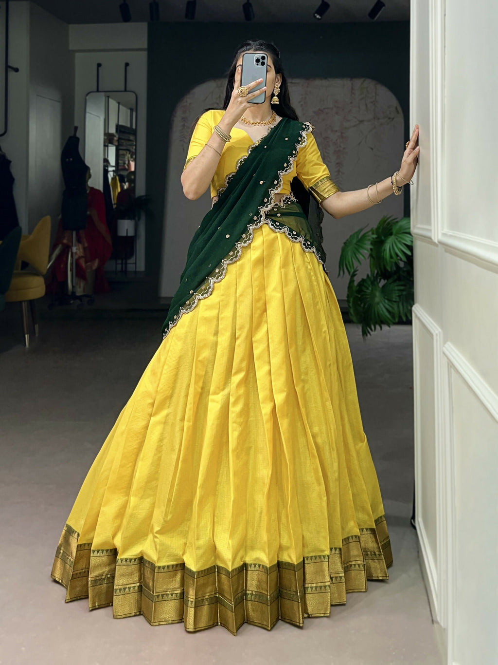 Lorenvalley Fashion Yellow Cotton Silk Zari Weaving Work Lehenga Choli with Dupatta | Grocsy