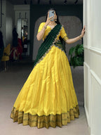 Lorenvalley Fashion Yellow Cotton Silk Zari Weaving Work Lehenga Choli with Dupatta | Grocsy