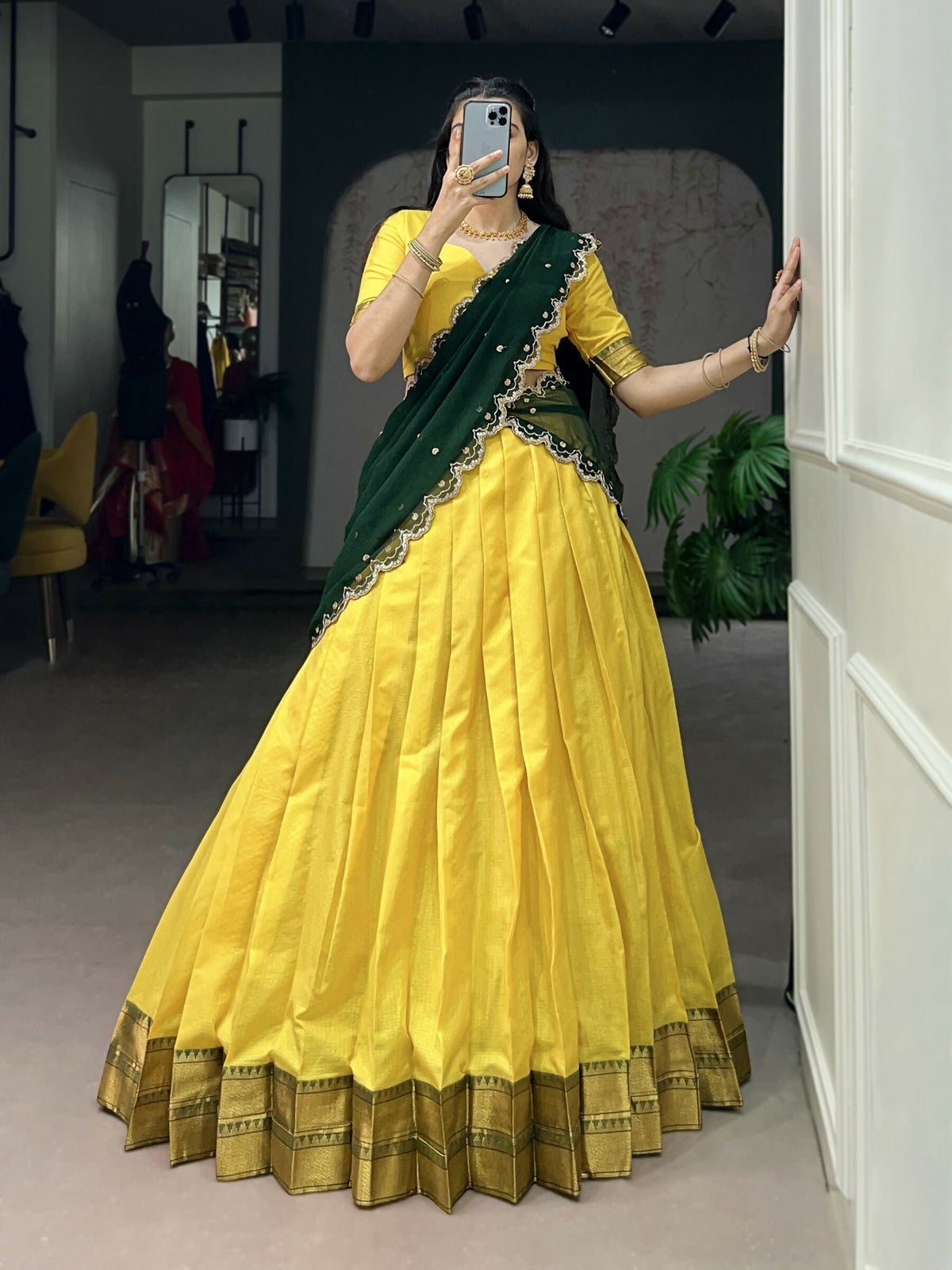 Lorenvalley Fashion Yellow Cotton Silk Zari Weaving Work Lehenga Choli with Dupatta | Grocsy