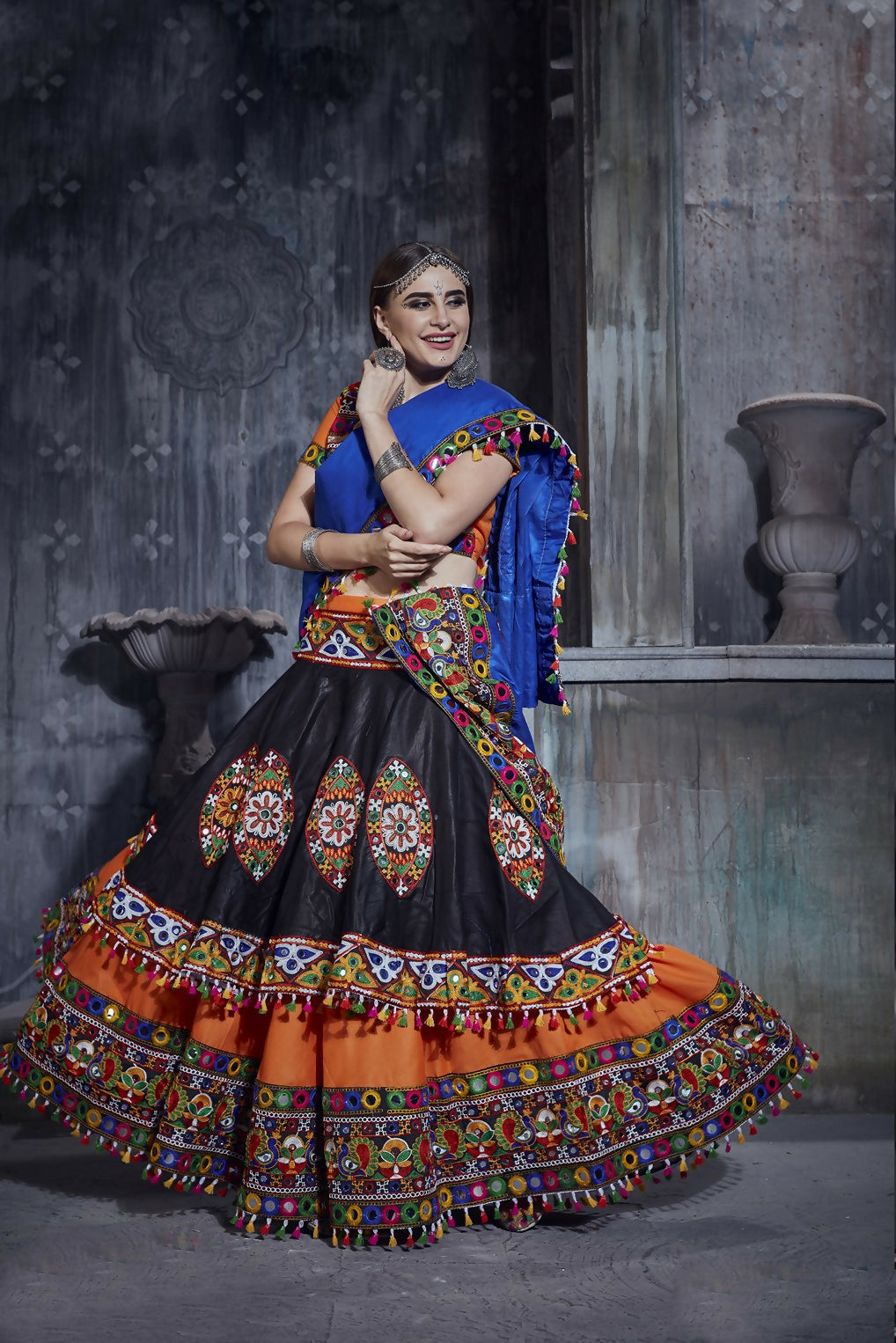 AI Fashion Black-Orange Art Silk Designer Navratri Lehenga Choli Collection | Grocsy