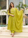 The52 Lemons Women's Gorgeous Chinon Embroidered Flared Kurta with Pant And Dupatta Set | Grocsy