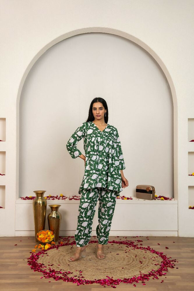 Joban Fashion Green Hand Block Printed Cotton Co-Ord Set | Grocsy