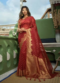 Delightful Designer Maroon Color Organza Silk Saree With Weaving Work - Yomika Fashions | Grocsy