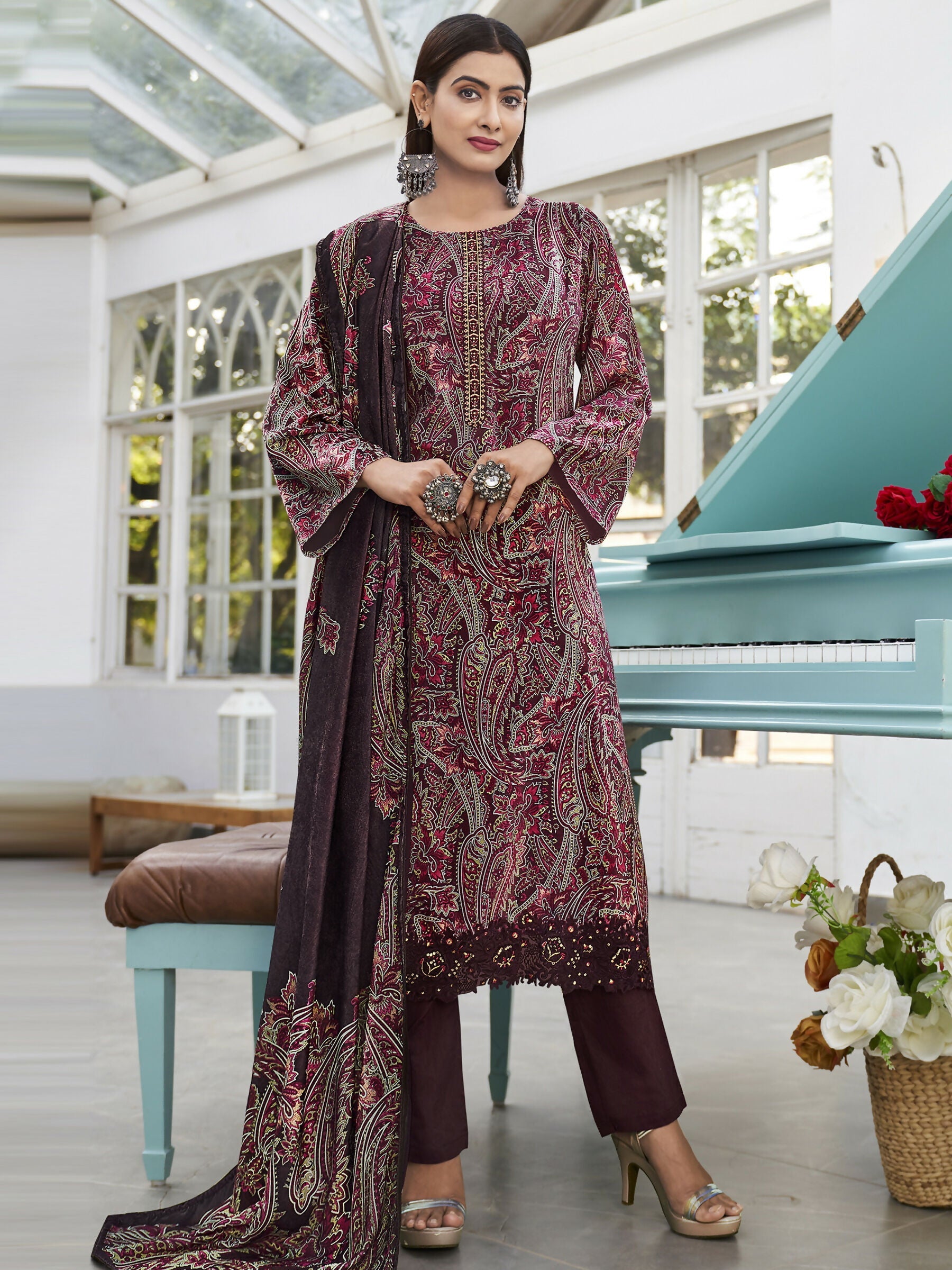 Jyoti Fashion Women's Wine Velvet Digital Print with Resham Thread work Kurta with Trouser & Dupatta | Grocsy
