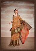 Brown Cotton Floral Printed Saree With Unstitched Blouse Piece - Kathika | Grocsy