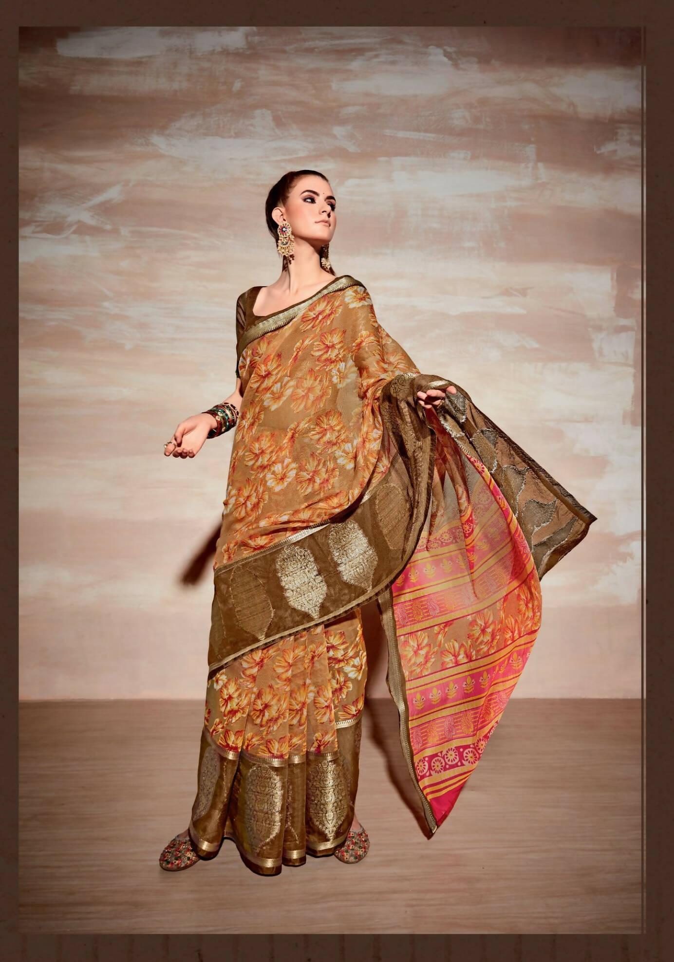 Brown Cotton Floral Printed Saree With Unstitched Blouse Piece - Kathika | Grocsy