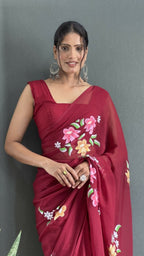 Aayaa Designer 1 min Hand Painted Ready to Wear saree - Maroon | Grocsy