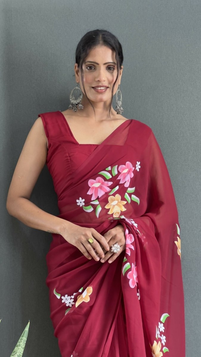 Aayaa Designer 1 min Hand Painted Ready to Wear saree - Maroon | Grocsy