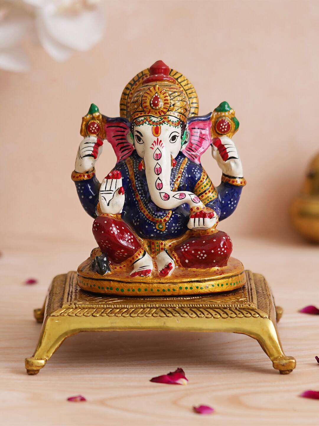 eCraftIndia Beige Lotus Flowers Engraved Pooja Chowki | Grocsy