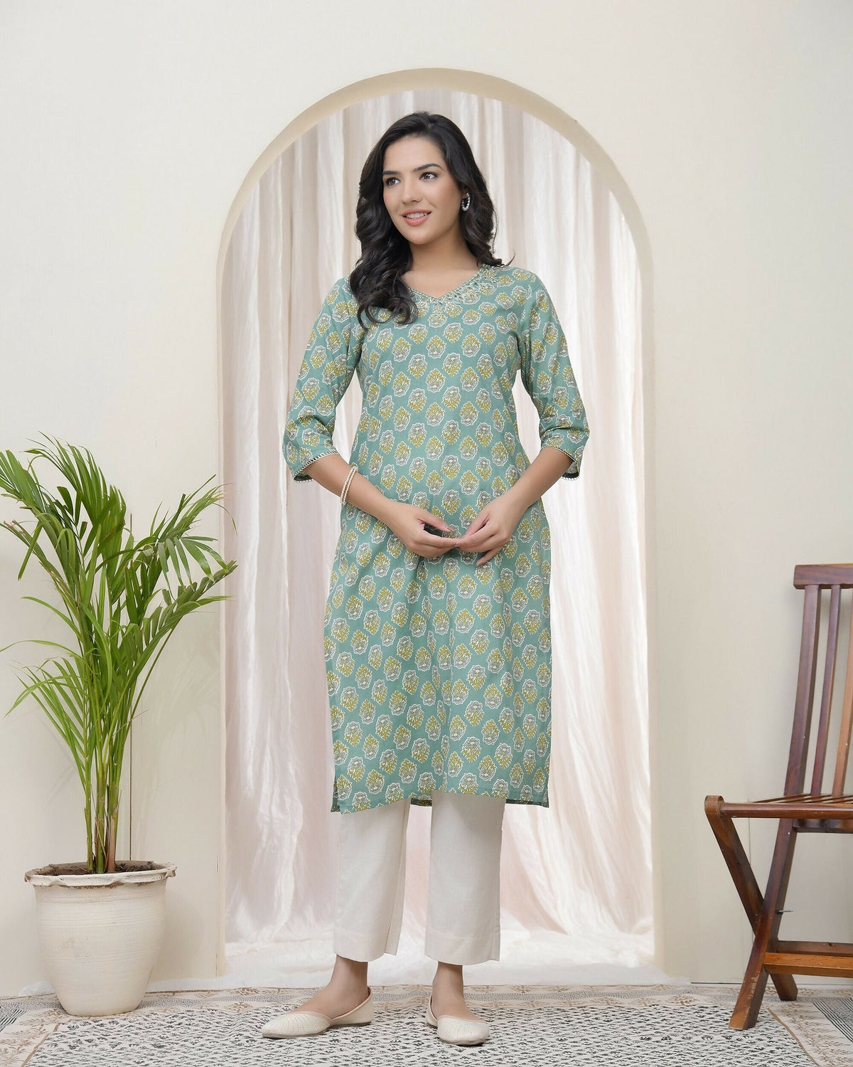 Vaasva Women Aqua Cotton Printed Straight Kurti With Pant | Grocsy