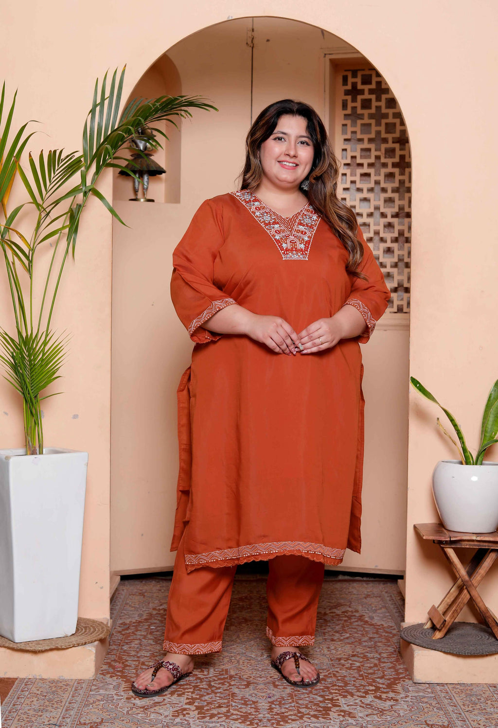 Miravan Women's Plus Size Orange Embroidered Straight Kurta with Palazzo and Dupatta set | Grocsy
