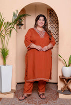 Miravan Women's Plus Size Orange Embroidered Straight Kurta with Palazzo and Dupatta set | Grocsy