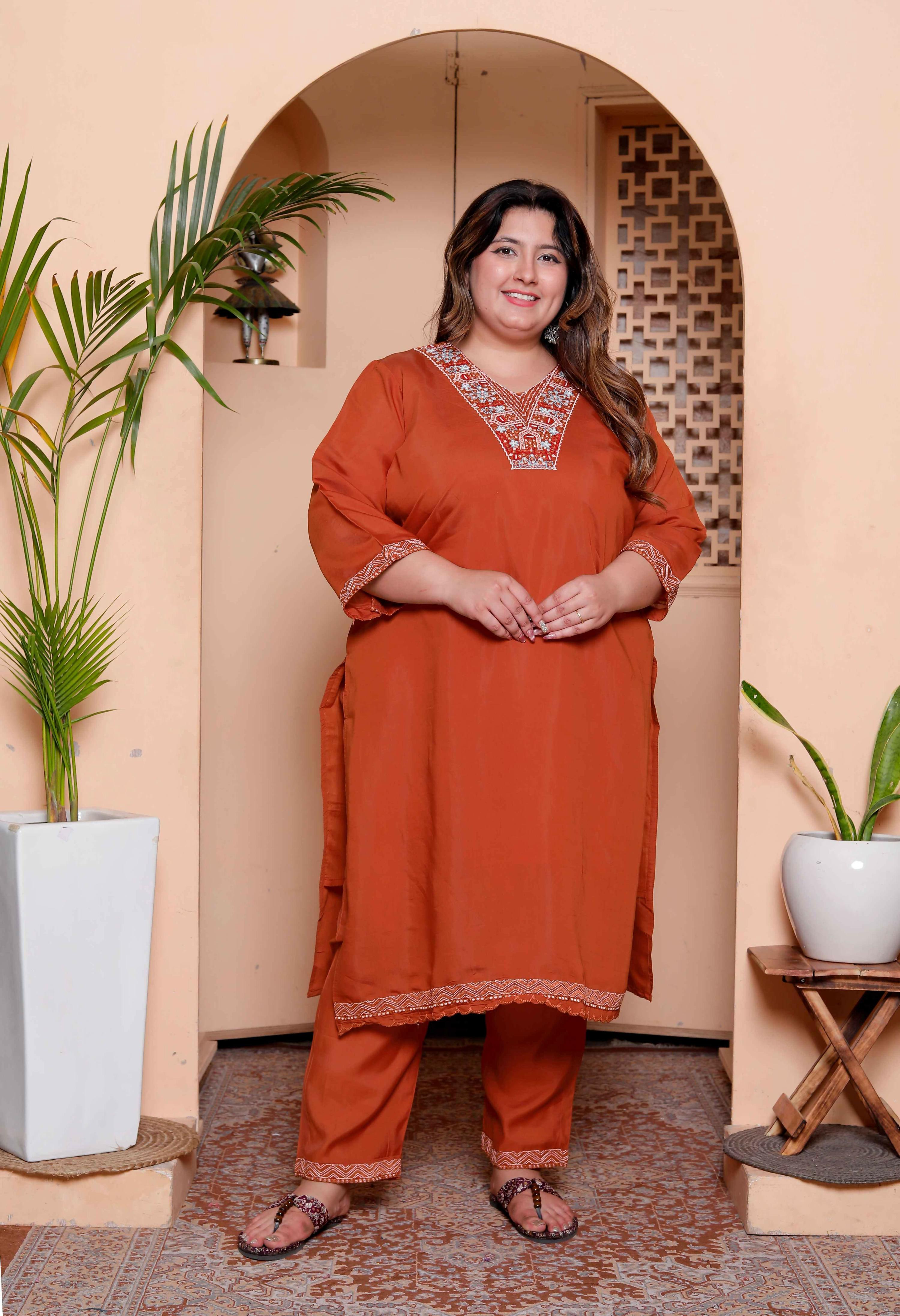 Miravan Women's Plus Size Orange Embroidered Straight Kurta with Palazzo and Dupatta set | Grocsy