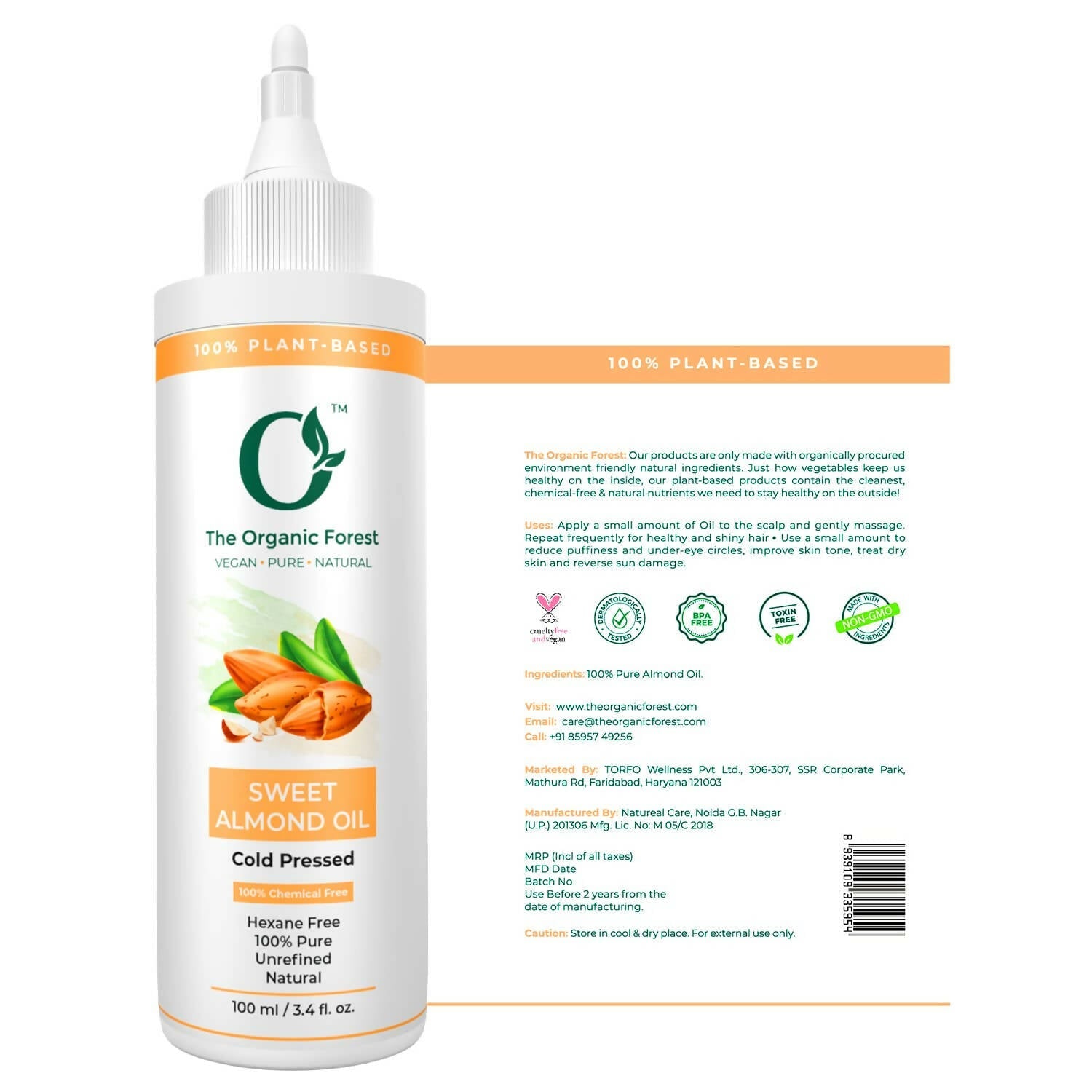 The Organic Forest Sweet Almond Oil For Skin, Face, Hair | Grocsy