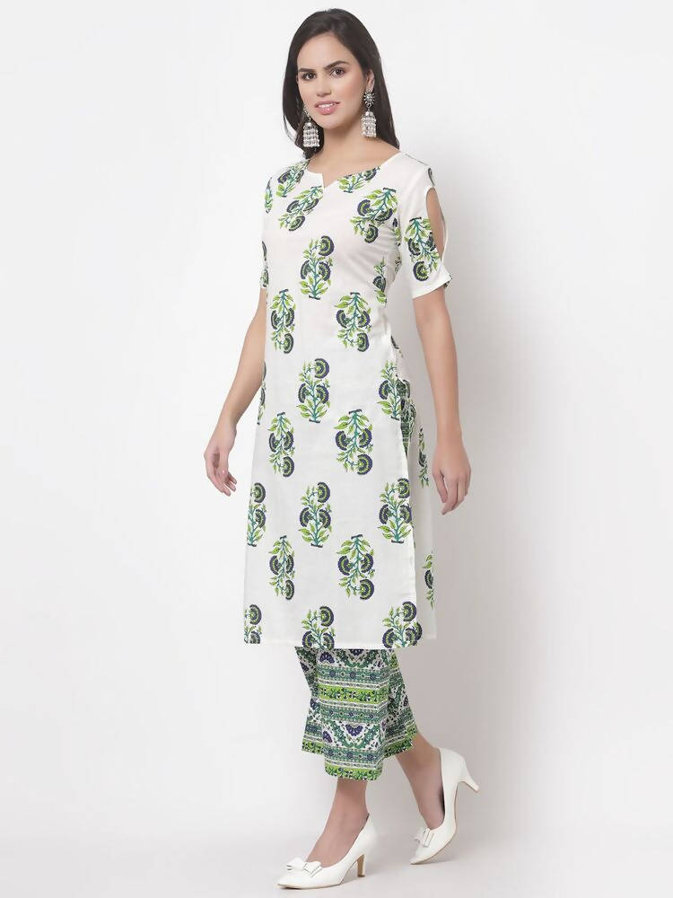 Myshka Women's White Cotton Blend Printed Half Sleeves V Neck Casual Kurta with Palazzo Set | Grocsy