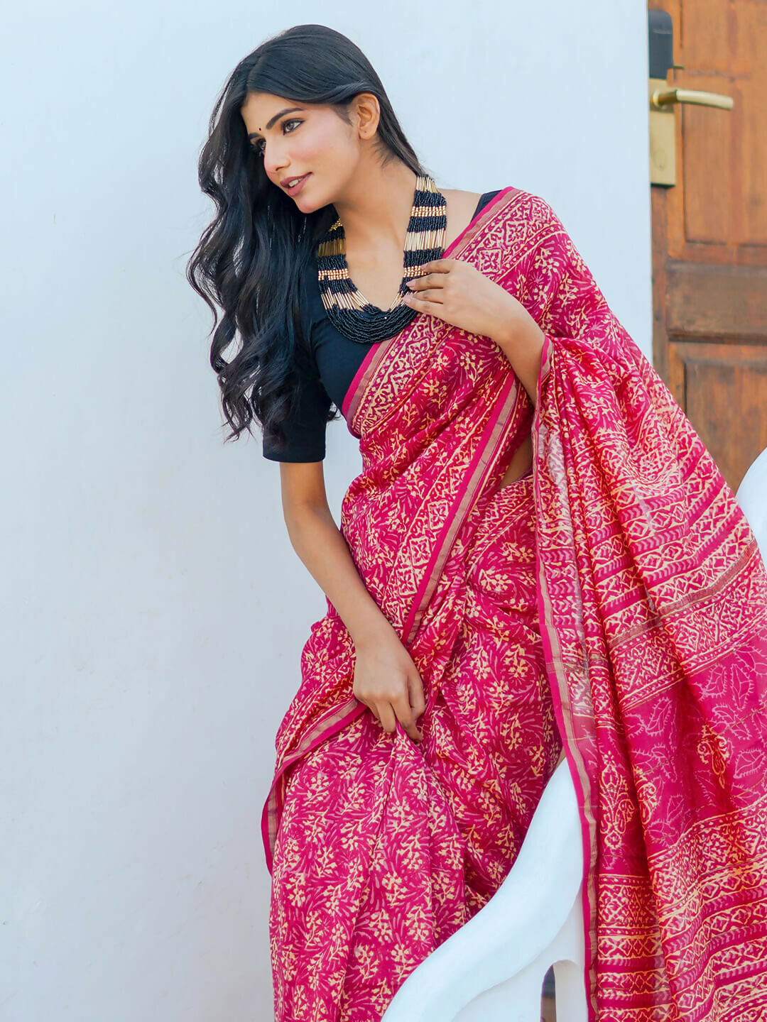 Zibaa Hand-Blocked Pure Chanderi Silk Pink Saree | Grocsy
