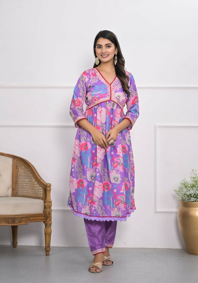 Lavender Muslin silk Embroidery with Thread and sequence Stitched Suit With Dupatta - Tanisha | Grocsy