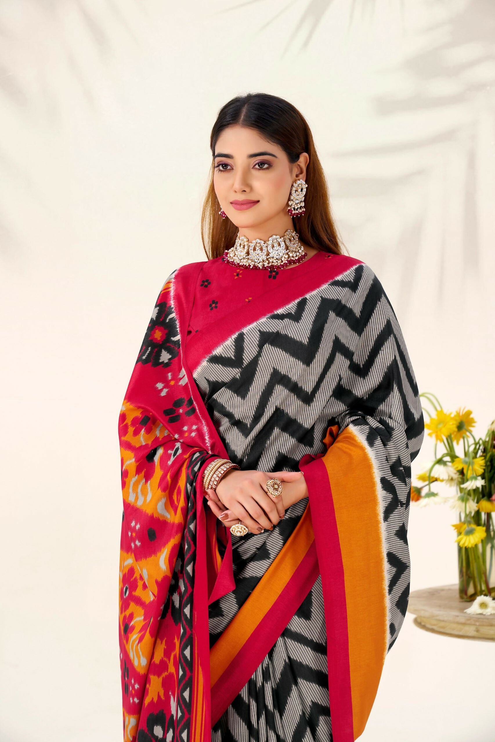 Vastranavya Black Tussar Silk Zigzag Waves Printed Saree with Unstitched Blouse | Grocsy