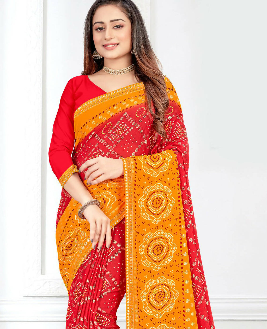 Red & Yellow Georgette Bandhani Printed Saree With Unstitched Blouse Piece - Jyoti | Grocsy