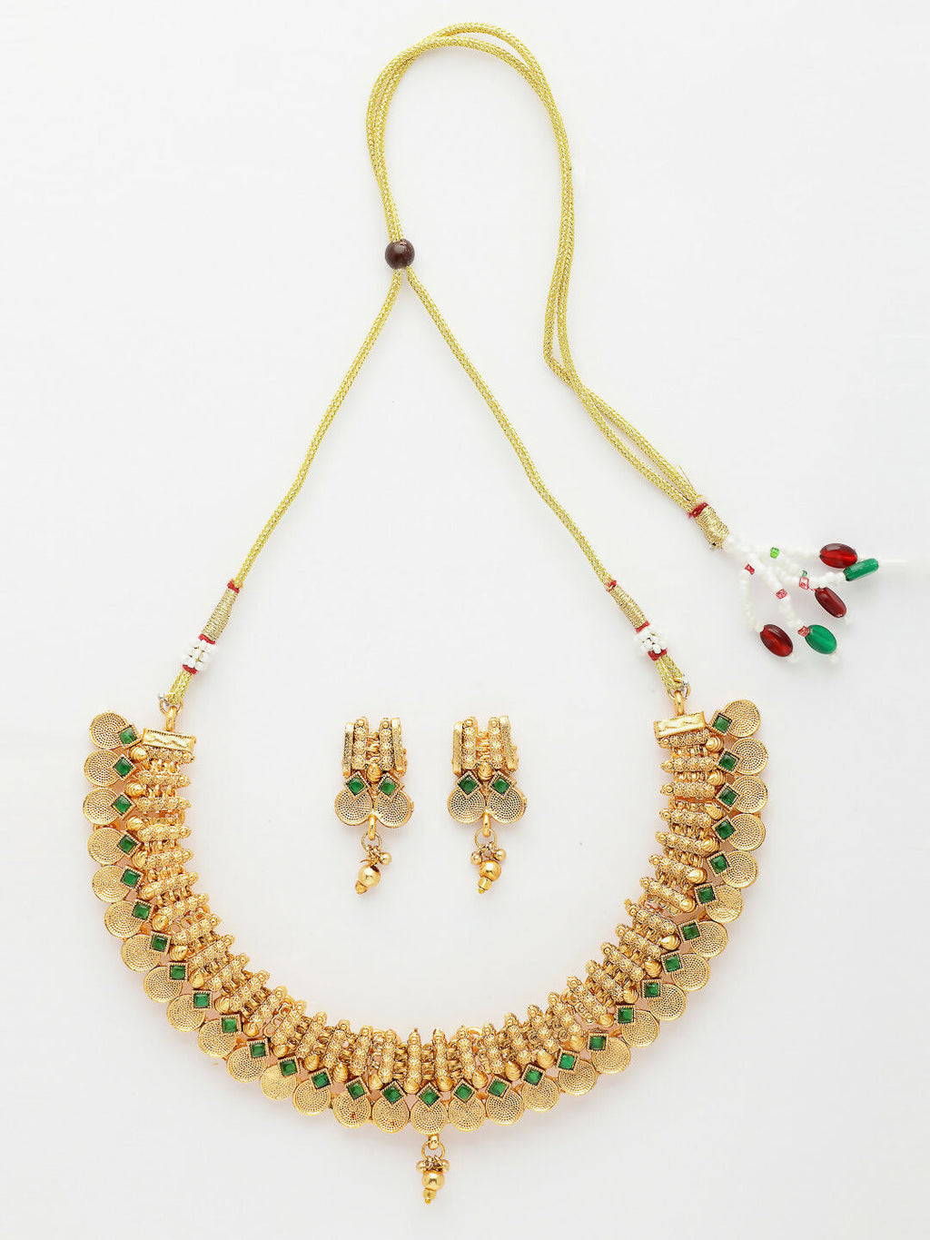 NVR Women's Gold-Polished Green Stone Studded Handcrafted Temple Jewellery Set | Grocsy
