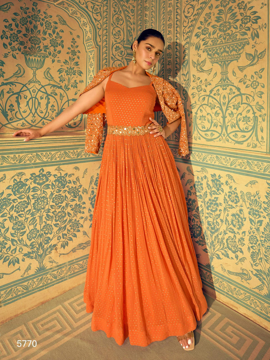 Anaita Orange Shimmer Jacquard Silk Readymade Anarkali Suit with Heavy Embroidery Work | Grocsy