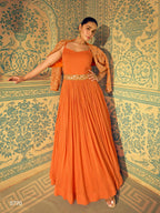 Anaita Orange Shimmer Jacquard Silk Readymade Anarkali Suit with Heavy Embroidery Work | Grocsy