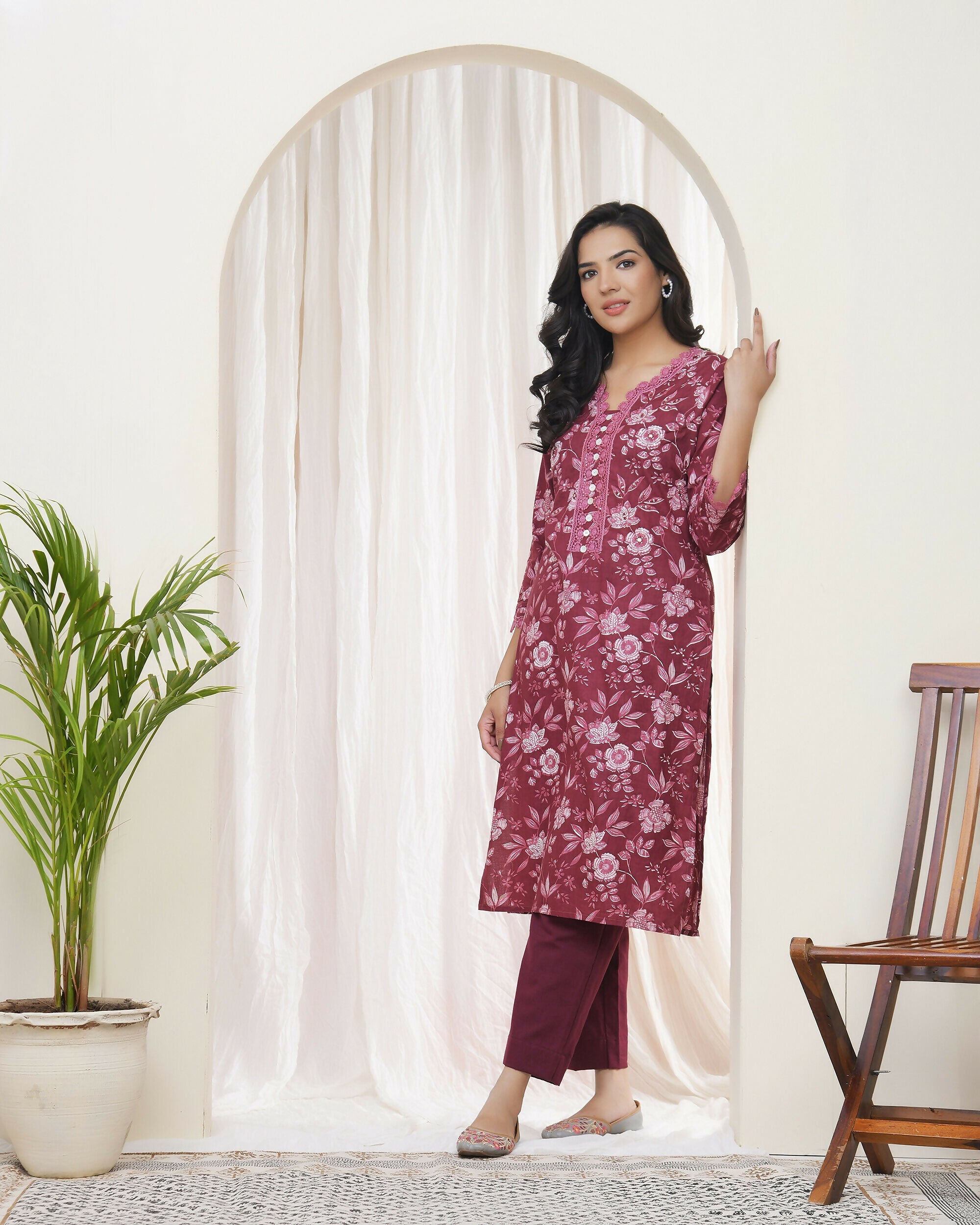 Vaasva Women Magenta Cotton Printed Straight Kurti With Pant | Grocsy