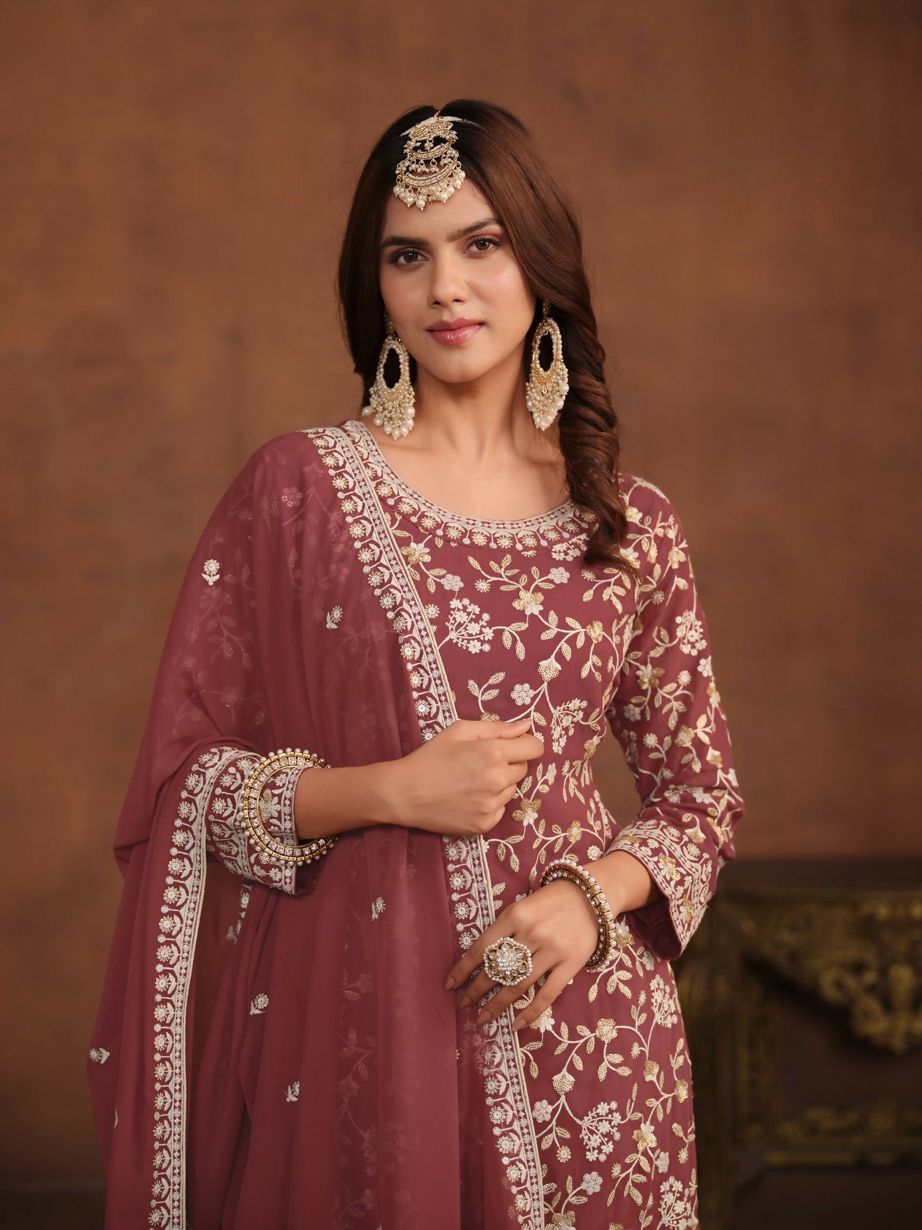 Anaita Brown Embroidered Faux Georgette Salwar Suit | Grocsy