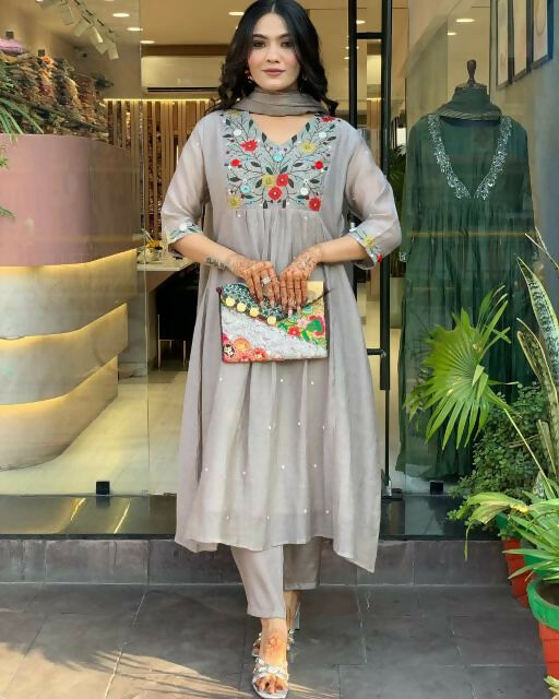The52 Grey Women's Gorgeous Chinon Viscose Fabric Embroidered Work Straight Kurta Pant and Dupatta Set | Grocsy