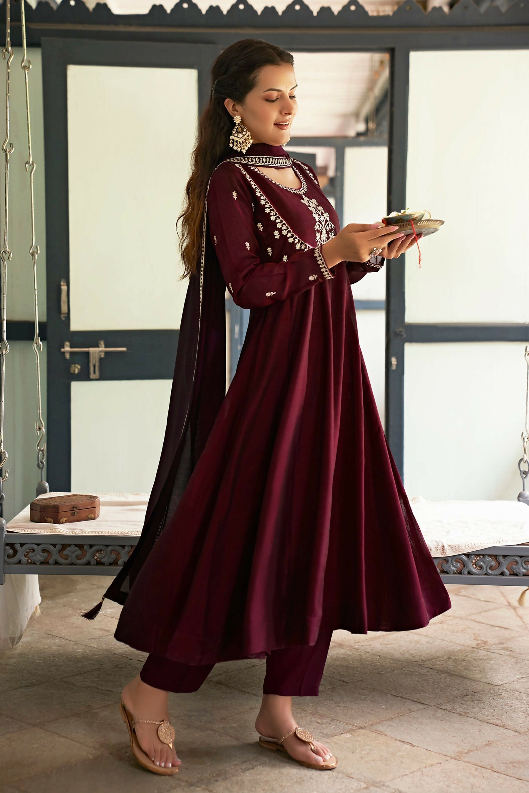 The52 Women's Beautiful Vichitra Silk Fabric Embroidery Work Flared Anarkali Pant and Dupatta Set | Grocsy