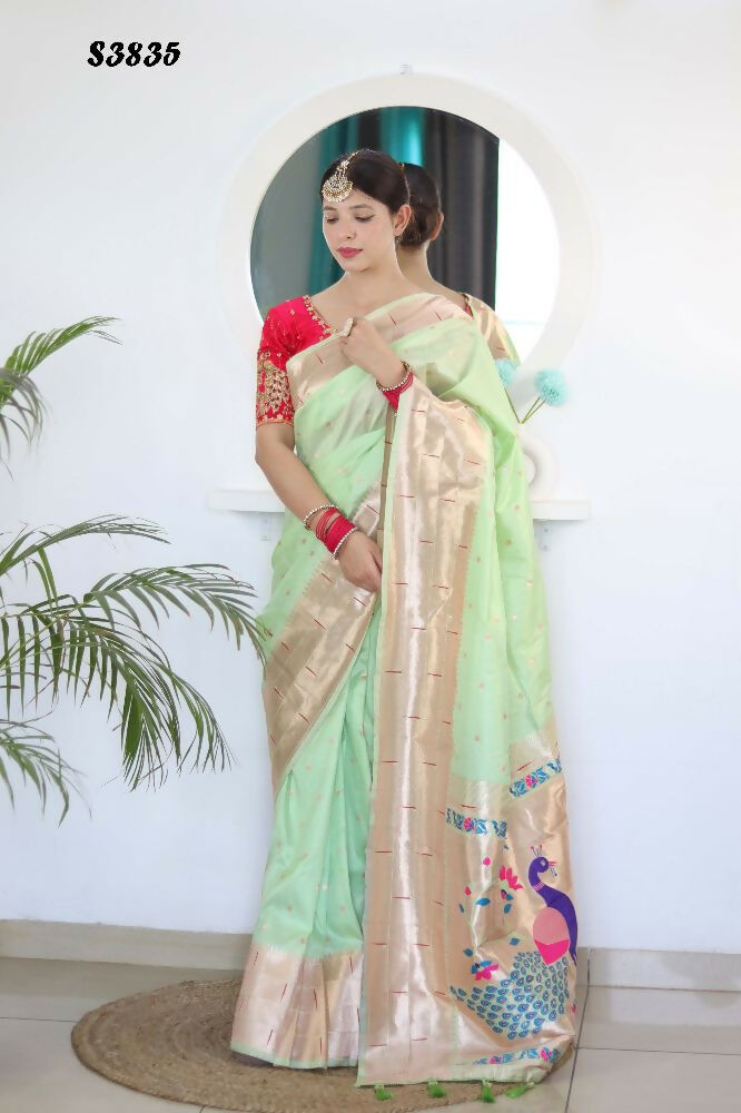 Pista Woven Jacquard Designer Embroidery Work Party Wear Saree - Parampara | Grocsy