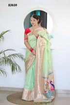 Pista Woven Jacquard Designer Embroidery Work Party Wear Saree - Parampara | Grocsy