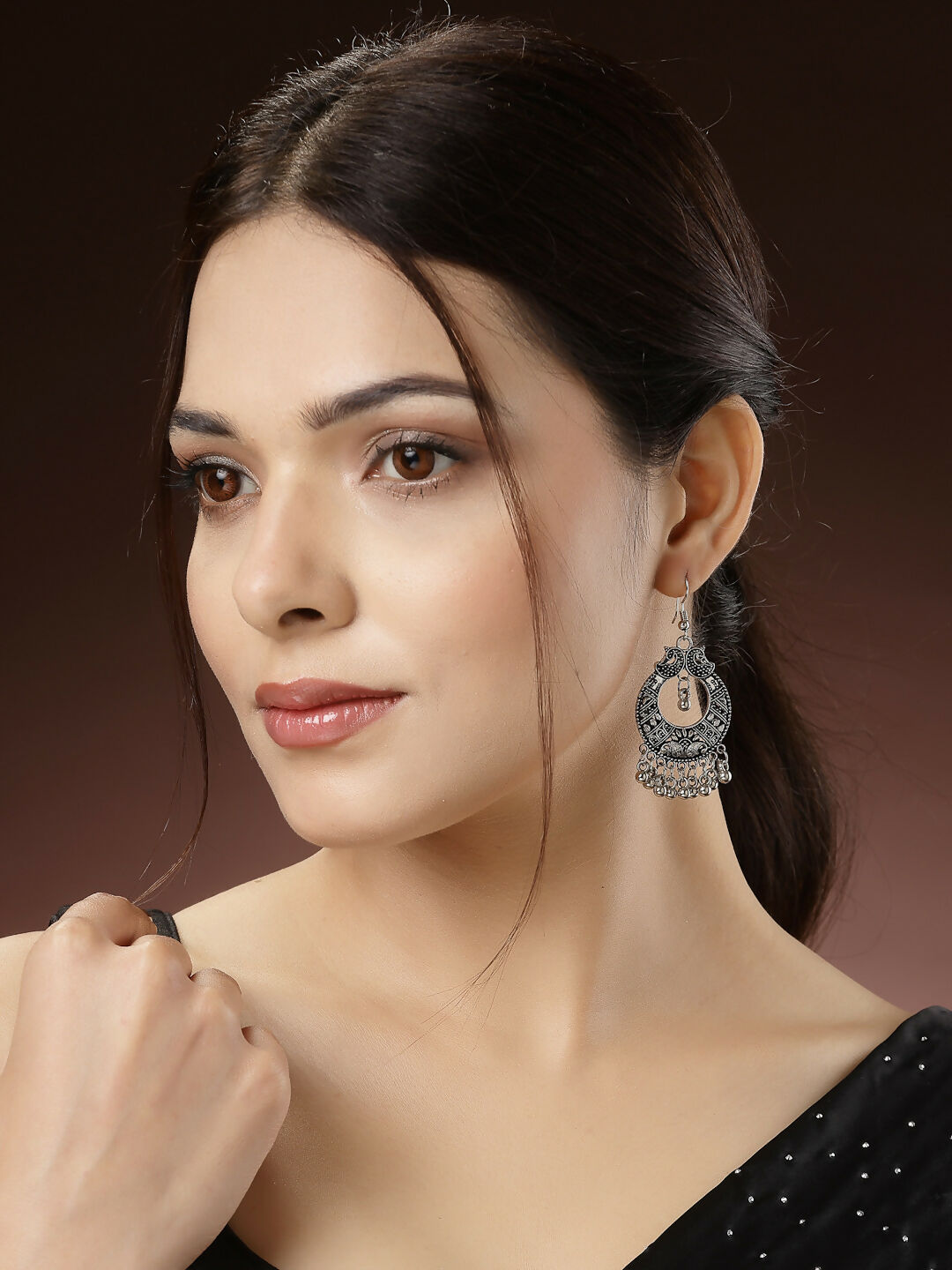 NVR Women's Silver-Plated German Silver Oxidised Chandbali Earrings