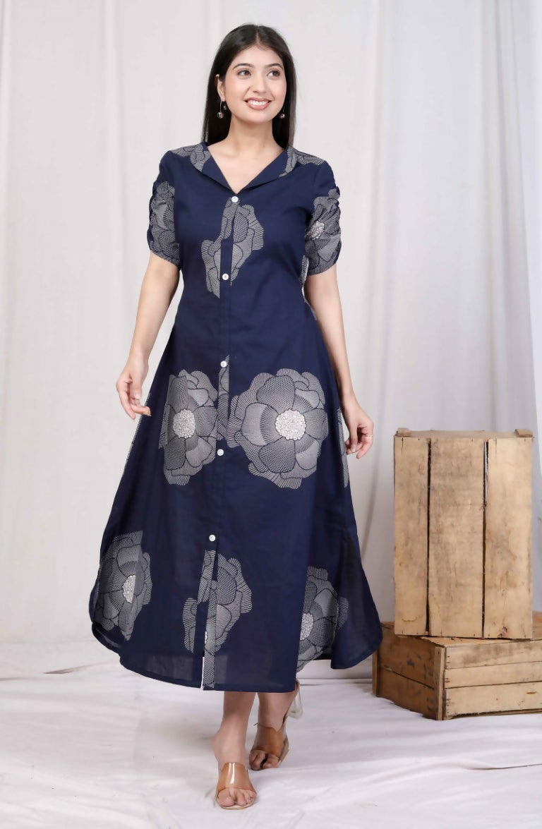 Miravan Women's Blue Floral Printed Front Buttoned A-Line Maxi Dress | Grocsy