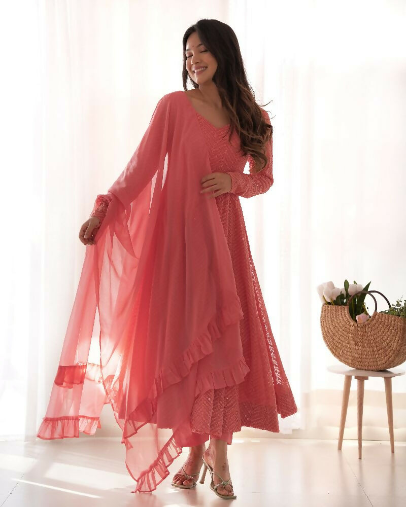 Joban Fashion Peach Kurta Set Georgette Sequence Embroidery Work | Grocsy