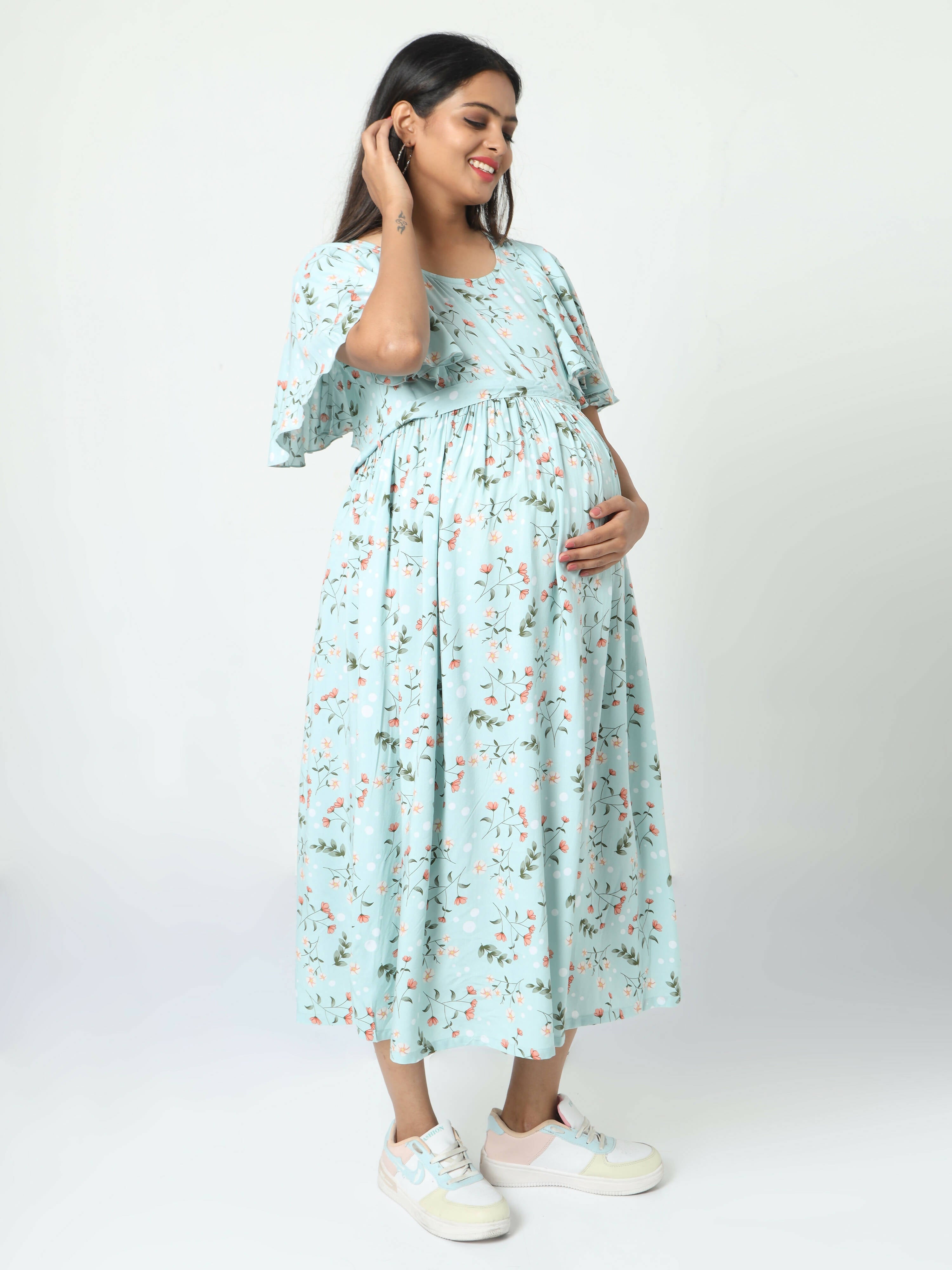 Manet Frill With Sleeve Maternity Dress Floral Print With Concealed Zipper Nursing Access - Green | Grocsy