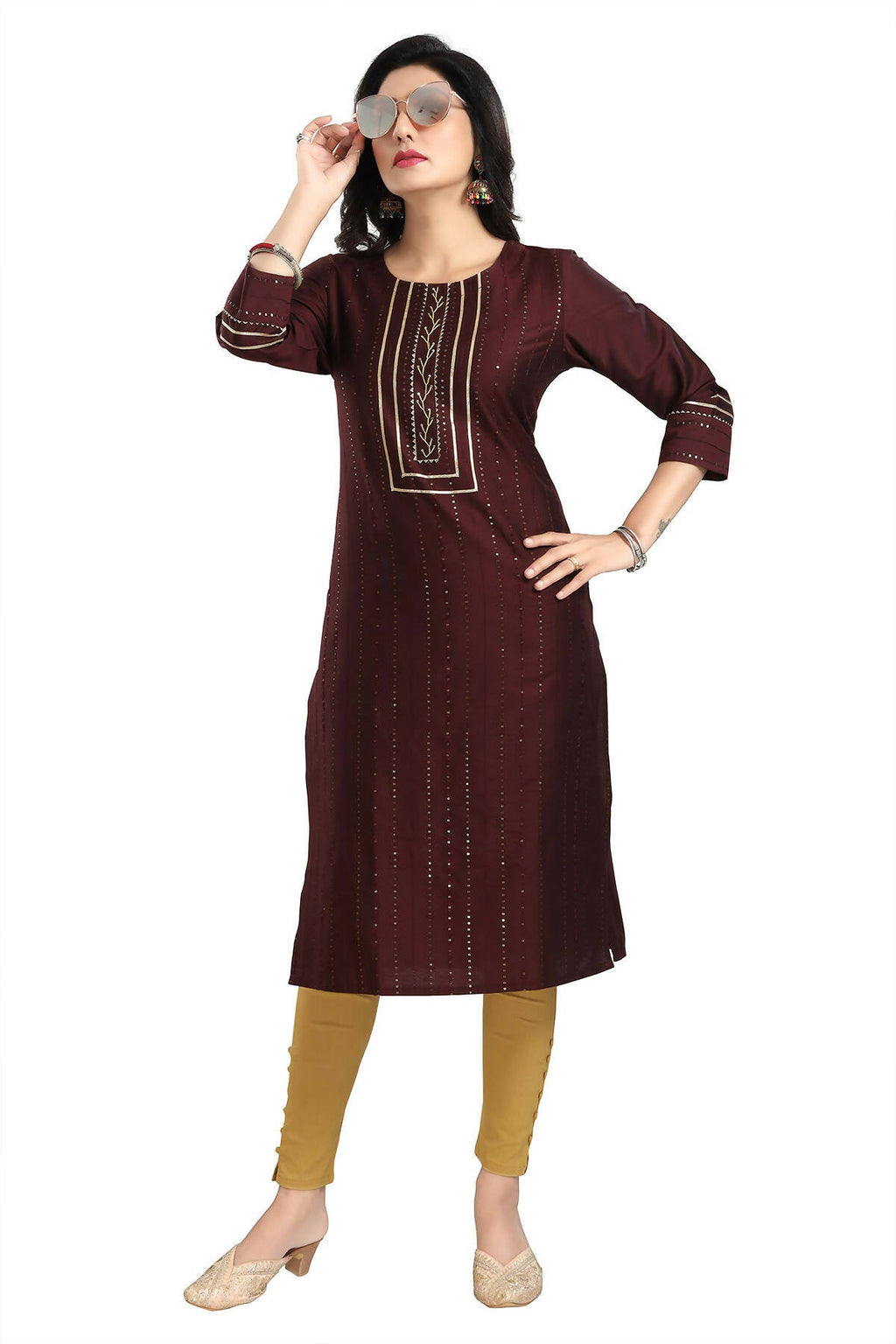 Snehal Creations Beautiful Brown Cotton Silk Designer Long Kurti Tunic With Sequines Embroidery | Grocsy