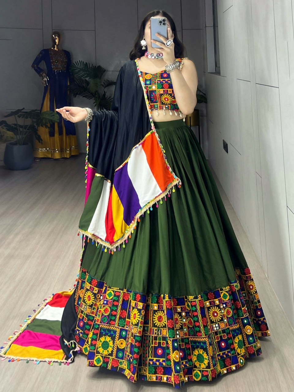 Yash Enterprise Mehndi Rayon Cotton Embroidery Semi Stitched Navratri Chaniya Choli | Grocsy