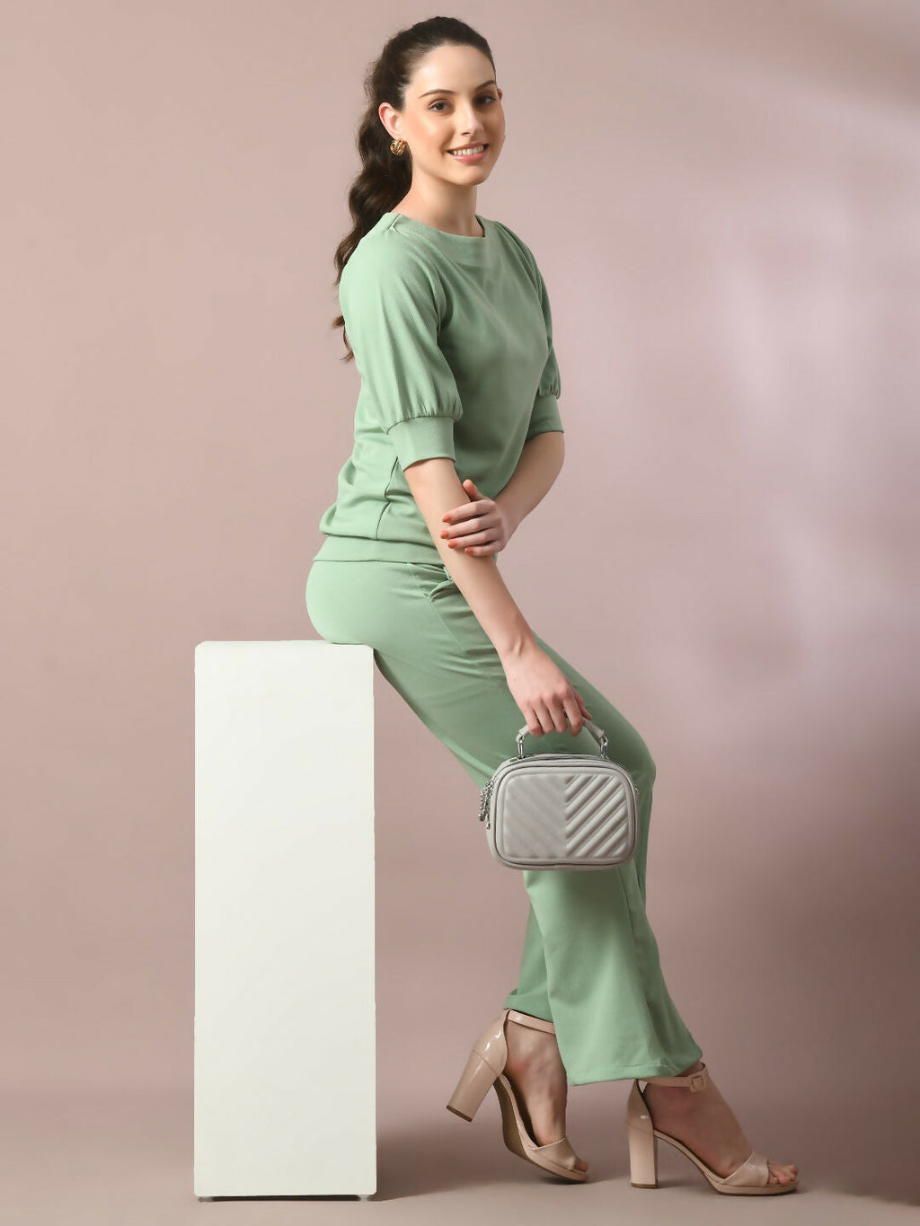 Myshka Women's Sea Green Solid Boat Neck Party Top With Trousers Co-ord set | Grocsy