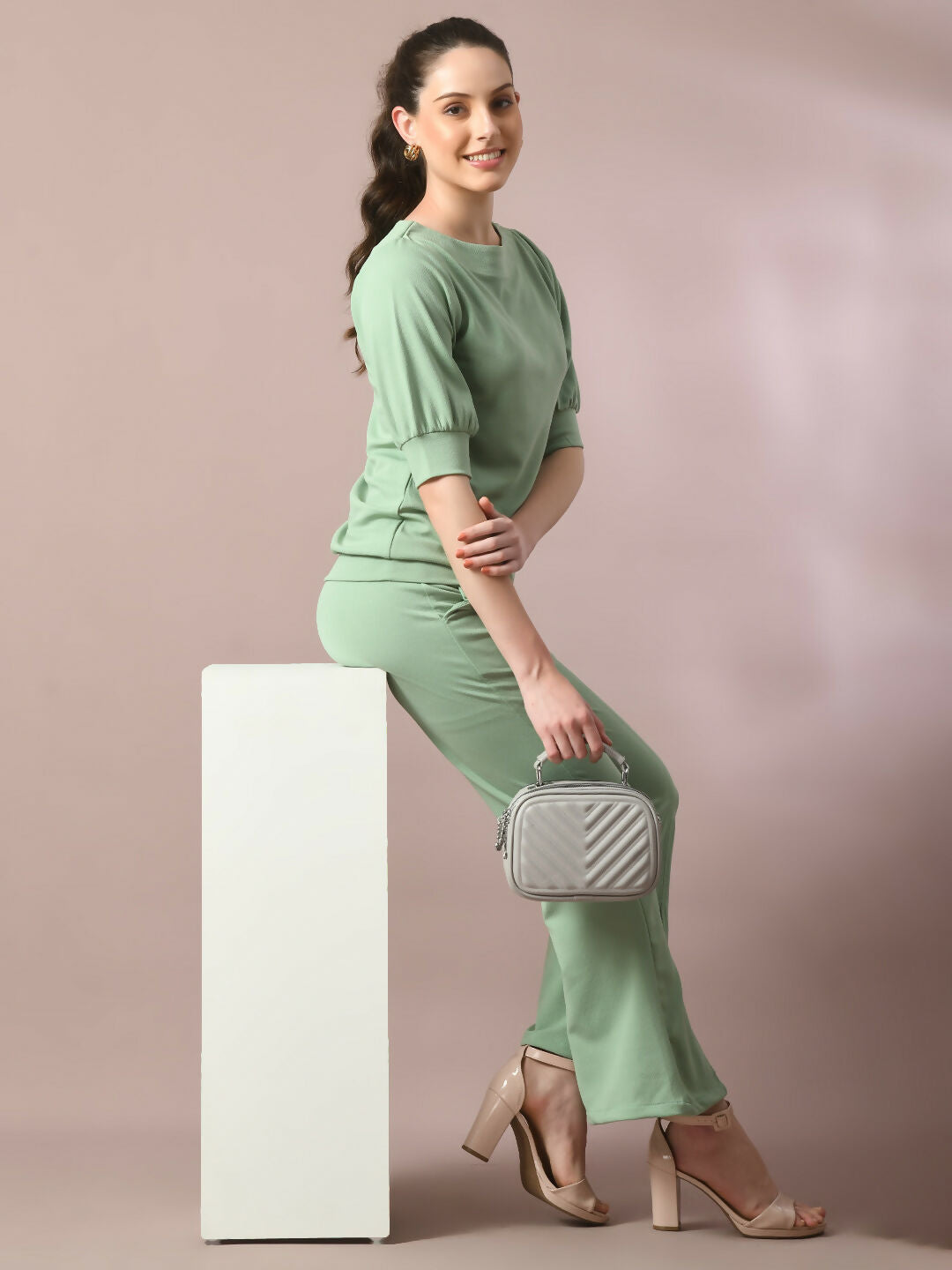 Myshka Women's Sea Green Solid Boat Neck Party Top With Trousers Co-ord set | Grocsy