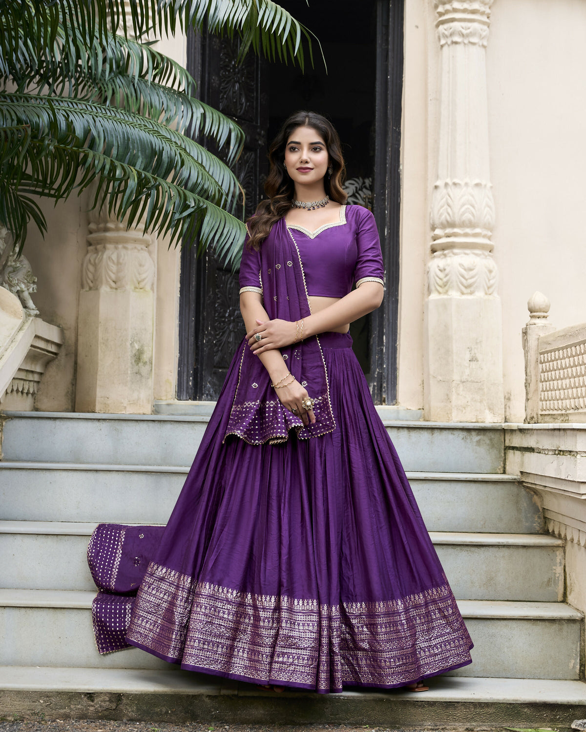 Lorenvalley Purple Pure Chanderi Plain With Zari Weaving Work Border Lehenga Choli | Grocsy