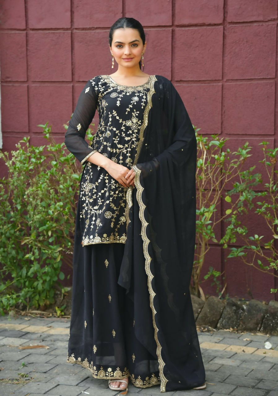 Joban Fashion Black Georgette Embroidered Sharara Set | Grocsy