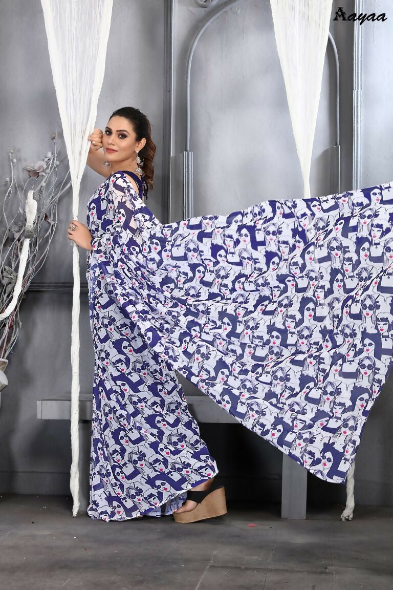 Aayaa Designer Printed Georgette Saree - Multi Color | Grocsy
