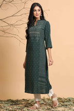 Juniper Women Jade Green Rayon Slub Bandhani Printed A-Line Kurta | Grocsy