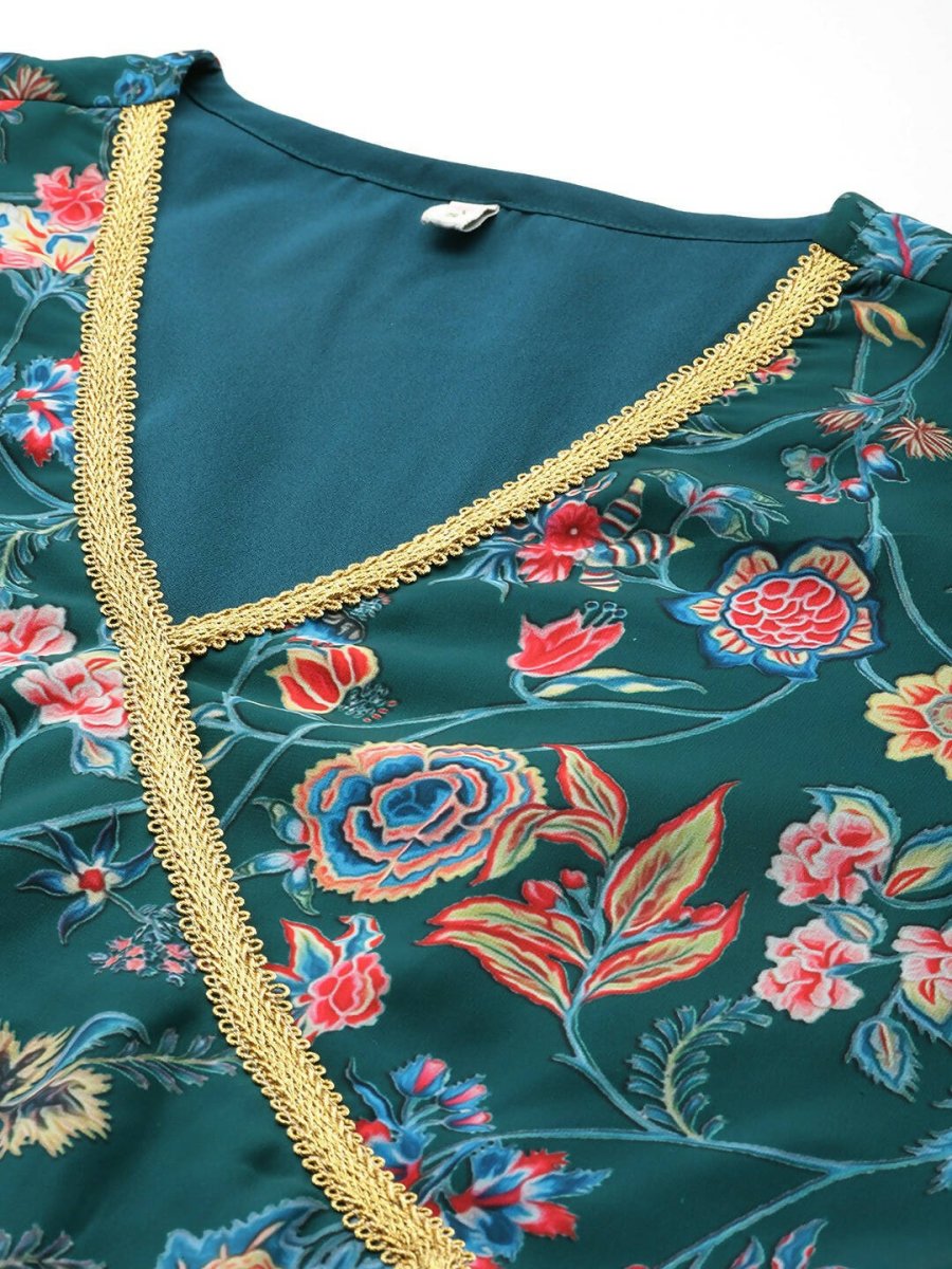 Ahalyaa Women Floral Printed Angrakha Kurta with Palazzos - Green Color | Grocsy