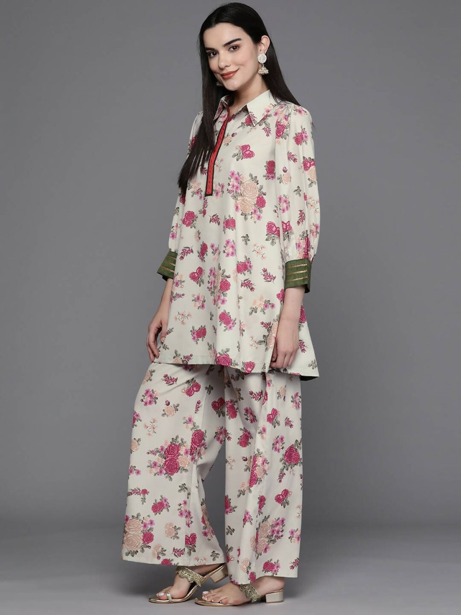 Ahalyaa Women Floral Printed Tunic with Palazzos - Beige Color | Grocsy
