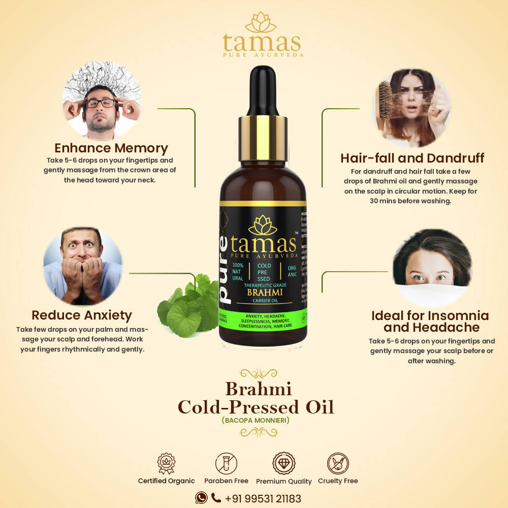 Tamas Pure Ayurveda 100% Organic Brahmi Cold Pressed Carrier Oil | Grocsy