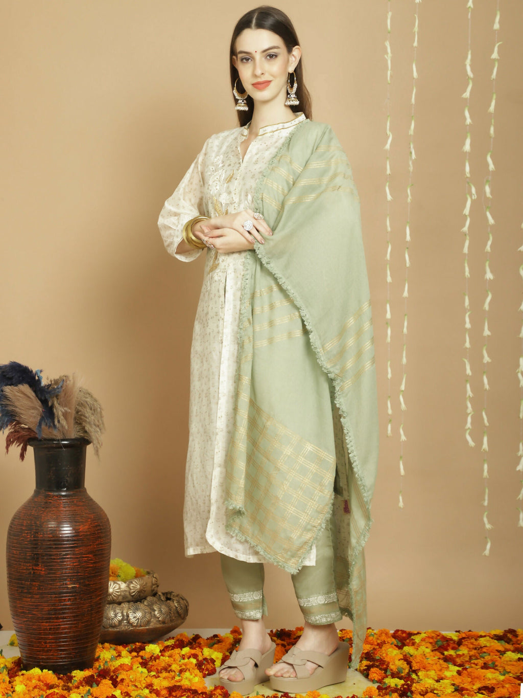 Jyoti Fashion Women's Off White Chanderi Silk Elegant Jardoshi Kurta with Trouser & Dupatta | Grocsy