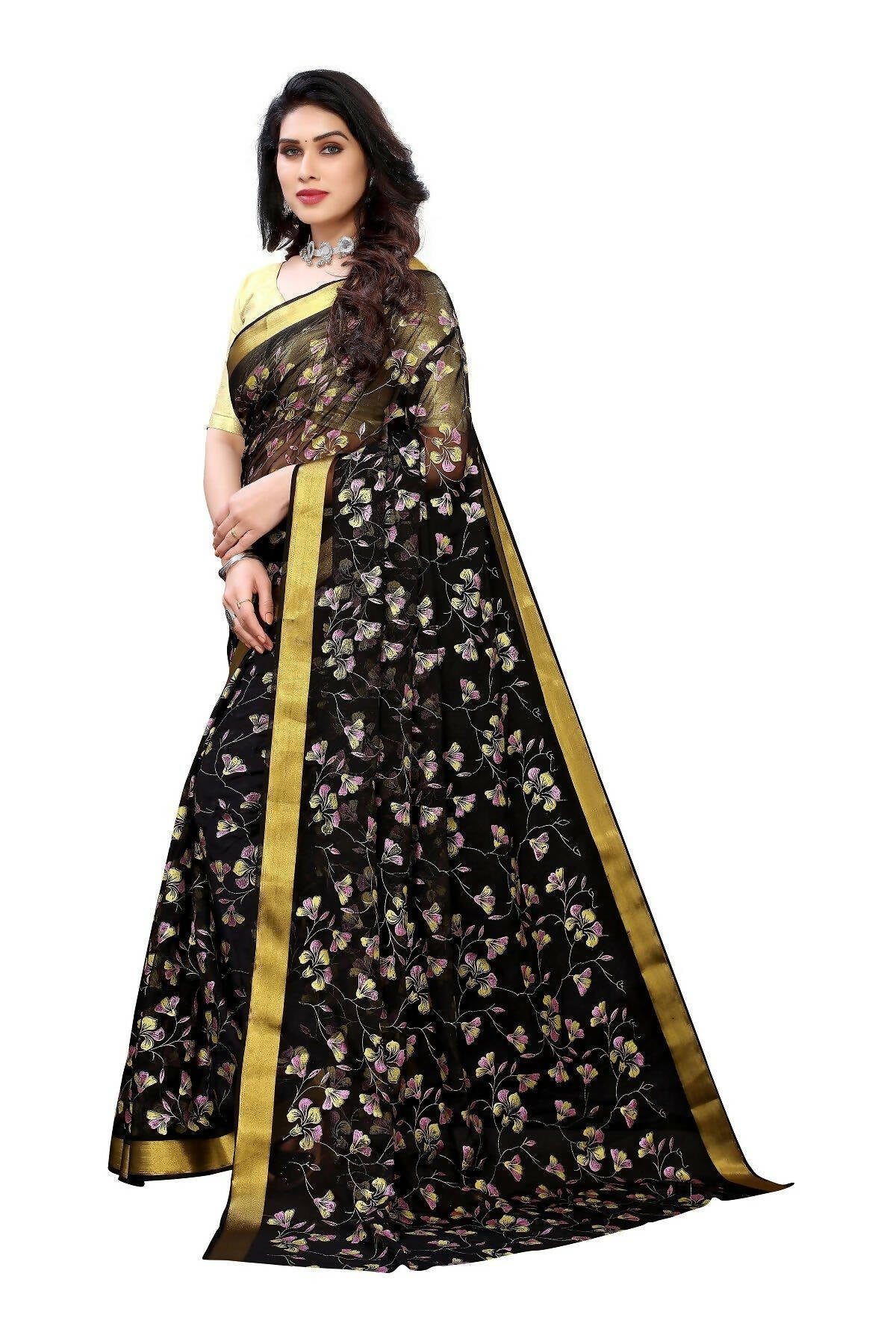 Vamika Black Printed Chiffon Saree (UJALA BLACK) | Grocsy