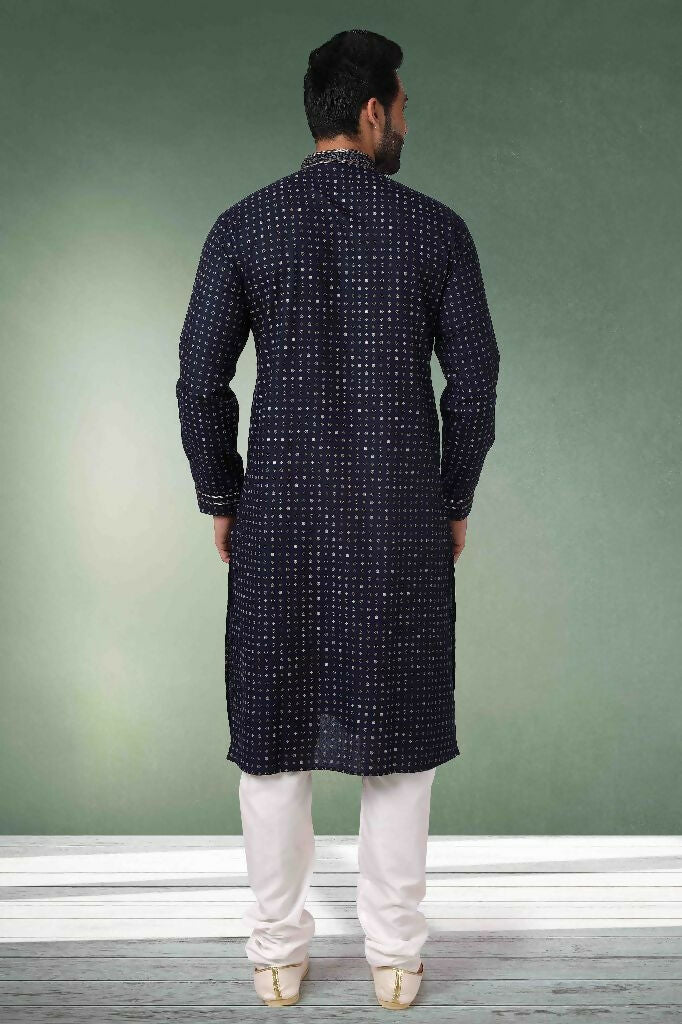 Raivat Ethnic Cotton Printed Work Kurta Pajama In Navy Blue Colour | Grocsy